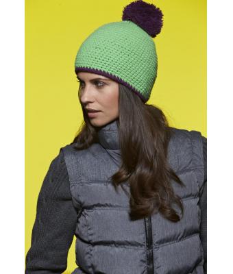 Unisex Pompon Hat with Contrast Stripe Carbon/red 8110