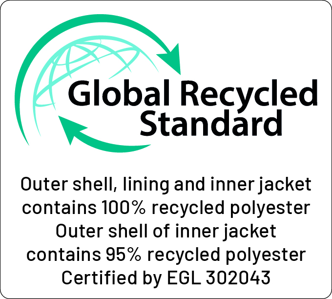 GRS Outer shell, lining and inner jacket 100% Outer shell inner jacket 95% GRS Outer shell, lining and inner jacket 100% Outer shell inner jacket 95%