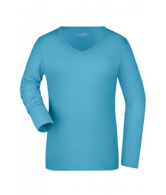 Femme T-shirt femme col V extensible manches longues Turquoise 7986