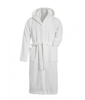 white hooded towelling bathrobe