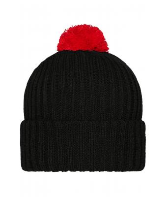 Unisex Knitted Cap with Pompon Zwart/rood 7804