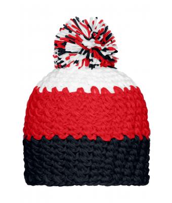 Unisexe Bonnet crocheté à pompon tricolore Marine/rouge/blanc 7885