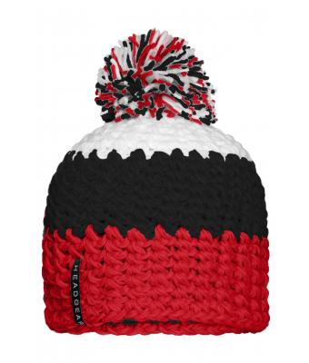 Unisexe Bonnet crocheté à pompon tricolore Rouge/noir/blanc 7885
