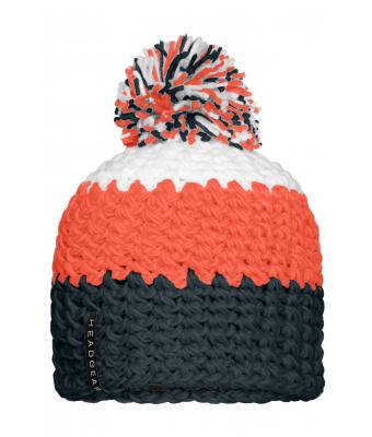 Unisexe Bonnet crocheté à pompon tricolore Carbone/orange/blanc 7885