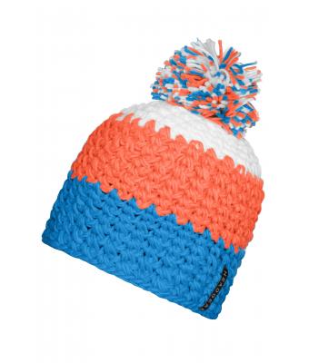Unisex Crocheted Cap with Pompon Pacific/neon oranje/wit 7885