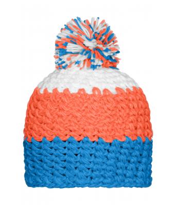 Unisex Crocheted Cap with Pompon Pacific/neon oranje/wit 7885