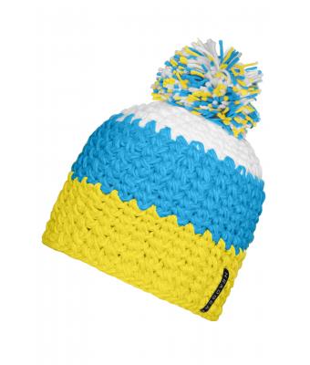 Unisex Crocheted Cap with Pompon Geel/pacific blauw/wit 7885