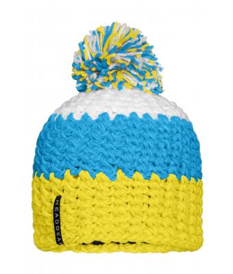 Unisex Crocheted Cap with Pompon Geel/pacific blauw/wit 7885
