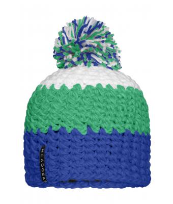 Unisex Crocheted Cap with Pompon Aqua/lime-green/white 7885