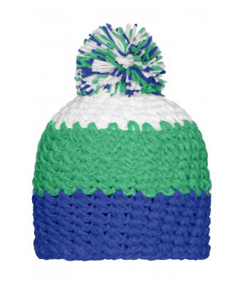Unisex Crocheted Cap with Pompon Aqua/lime/wit 7885