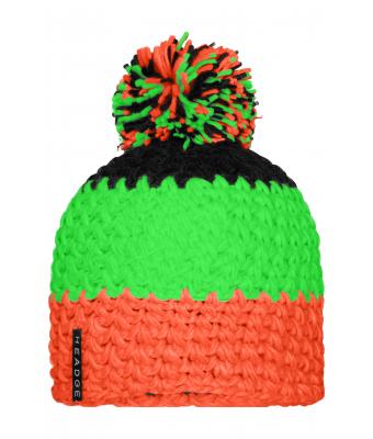 Unisex Crocheted Cap with Pompon Neon-orange/neon-green/black 7885