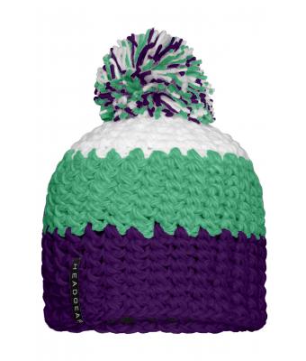 Unisex Crocheted Cap with Pompon Purple/lime-green/white 7885