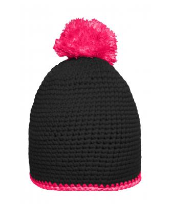 Unisexe Bonnet à pompon avec bande contrastée Noir/rose 8110