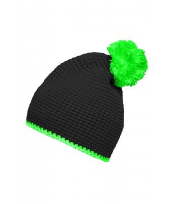 Unisexe Bonnet à pompon avec bande contrastée Noir/néon-vert 8110