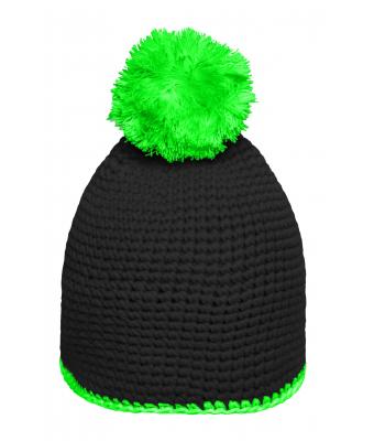 Unisexe Bonnet à pompon avec bande contrastée Noir/néon-vert 8110