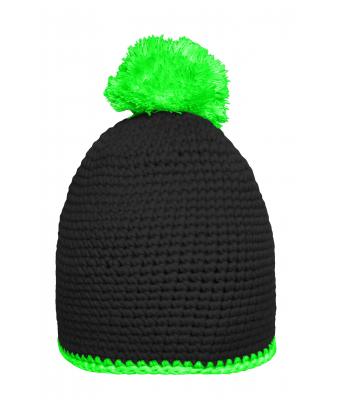 Unisexe Bonnet à pompon avec bande contrastée Noir/néon-vert 8110
