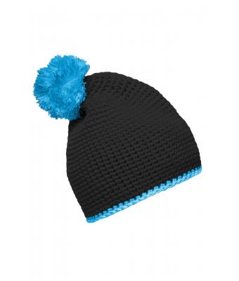 Unisexe Bonnet à pompon avec bande contrastée Noir/turquoise 8110
