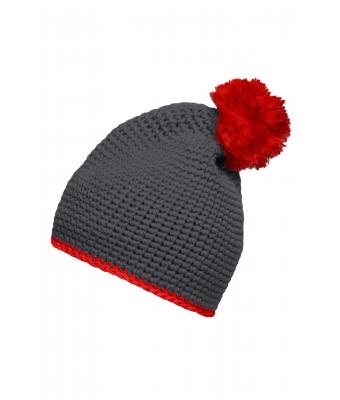 Unisexe Bonnet à pompon avec bande contrastée Carbone/rouge 8110
