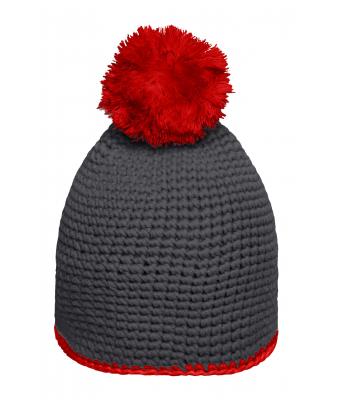 Unisexe Bonnet à pompon avec bande contrastée Carbone/rouge 8110