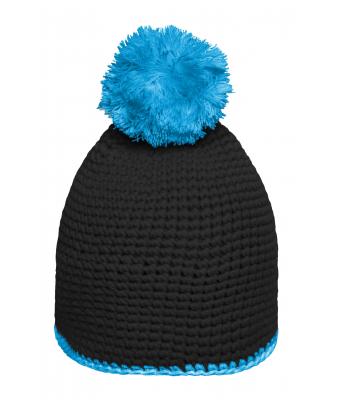 Unisex Pompon Hat with Contrast Stripe Black/turquoise 8110