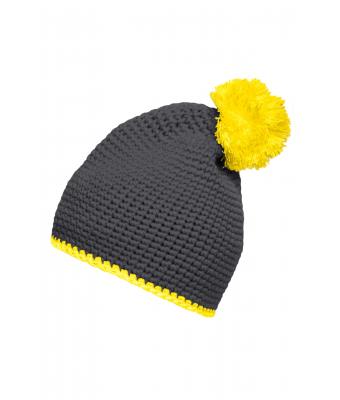 Unisex Pompon Hat with Contrast Stripe Carbon/yellow 8110