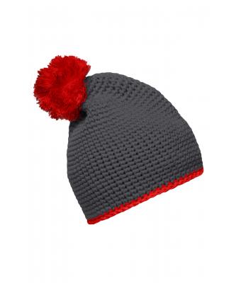 Unisex Pompon Hat with Contrast Stripe Carbon/red 8110