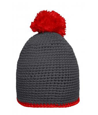 Unisex Pompon Hat with Contrast Stripe Carbon/red 8110