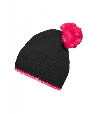 Unisex Pompon Hat with Contrast Stripe Black/pink 8110