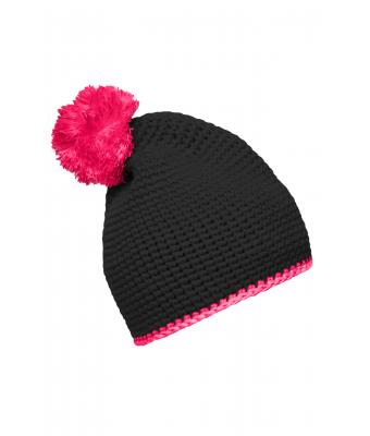 Unisex Pompon Hat with Contrast Stripe Black/pink 8110