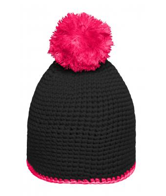 Unisex Pompon Hat with Contrast Stripe Black/pink 8110