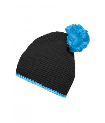 Unisex Pompon Hat with Contrast Stripe Black/turquoise 8110