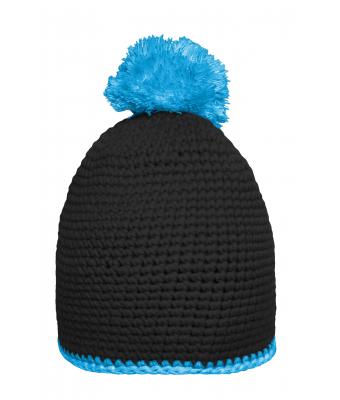 Unisex Pompon Hat with Contrast Stripe Black/turquoise 8110