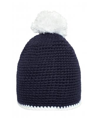 Unisex Pompon Hat with Contrast Stripe Navy/white 8110