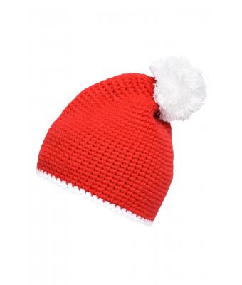 Unisex Pompon Hat with Contrast Stripe Red/white 8110