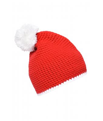Unisex Pompon Hat with Contrast Stripe Red/white 8110
