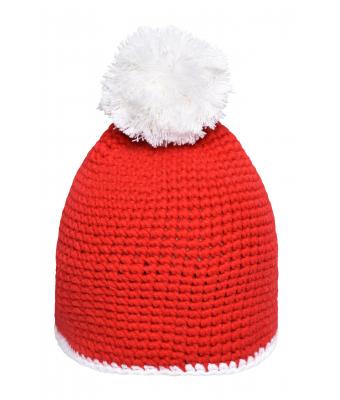 Unisex Pompon Hat with Contrast Stripe Red/white 8110