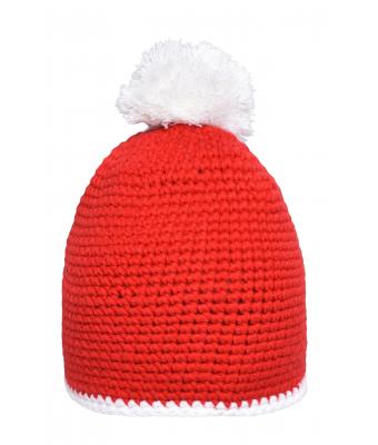 Unisex Pompon Hat with Contrast Stripe Red/white 8110