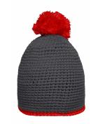 Unisex Pompon Hat with Contrast Stripe Carbon/red 8110
