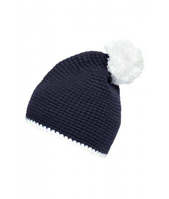 Unisex Pompon Hat with Contrast Stripe Navy/white 8110