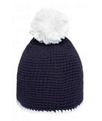 Unisex Pompon Hat with Contrast Stripe Navy/wit 8110