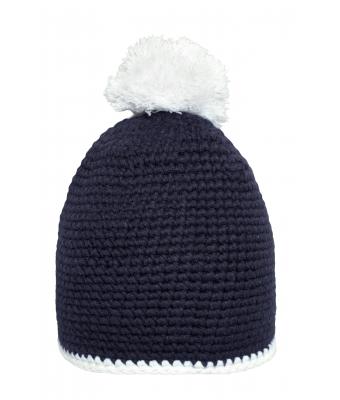 Unisex Pompon Hat with Contrast Stripe Navy/wit 8110